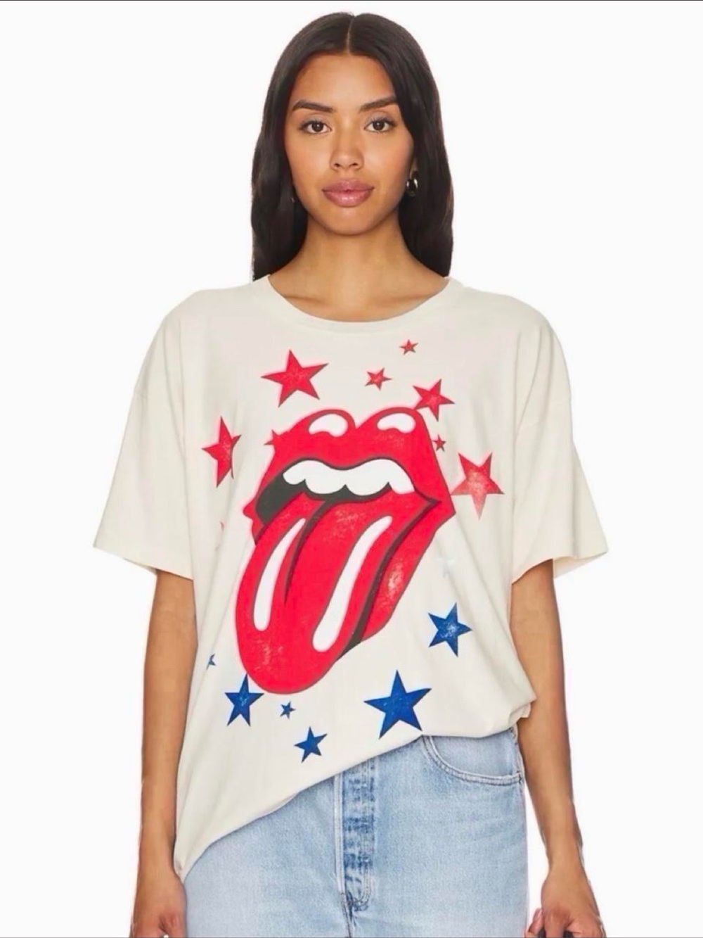 Daydreamer Cream Graphic Tee with Red Tongue & Blue Stars
